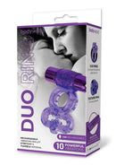 Bodywand Rechargeable Silicone Duo Cock Ring Purple with rechargeable bullet and textured rings for enhanced pleasure.