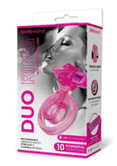 Bodywand Silicone Duo Cock Ring with Clit Tickler Pink packaging featuring dual rings and clitoral stimulator.