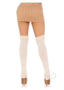 Leg Avenue Extra Long Ribbed Knit Leg Warmers Ivory worn with a beige skirt and heels from a back view.