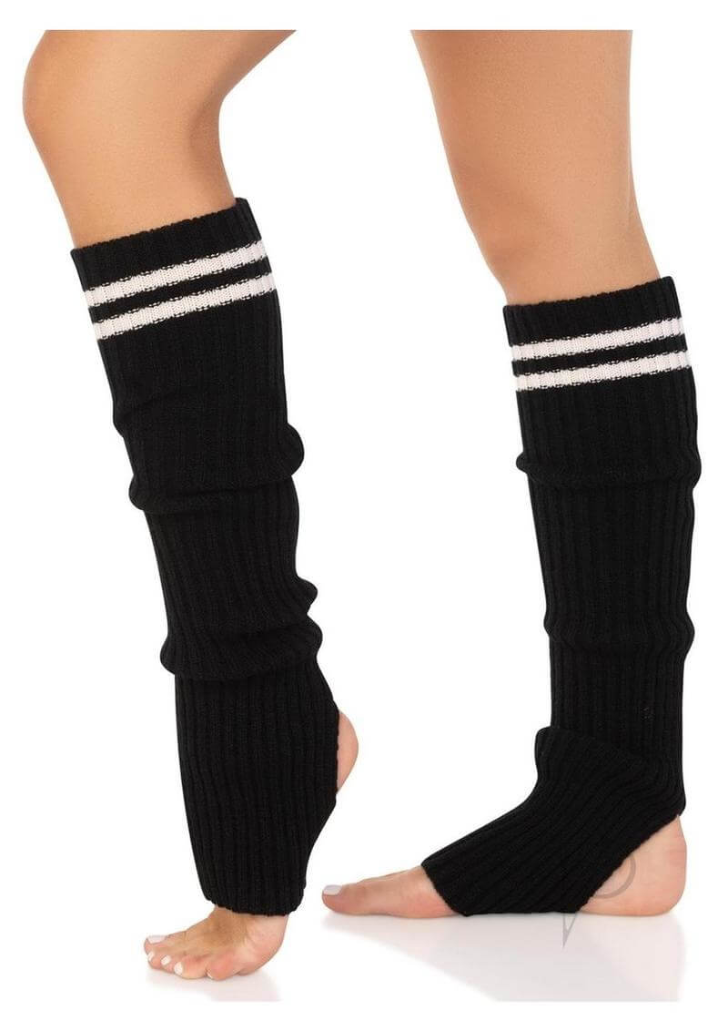 Leg Avenue Ribbed Stirrup Leg Warmers OS Black featuring stirrup design and athletic stripes.