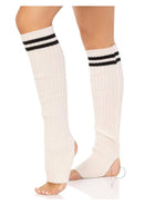 Leg Avenue Ribbed Stirrup Leg Warmers OS White displayed on legs with stirrup design, showcasing ribbed texture and sporty stripes.