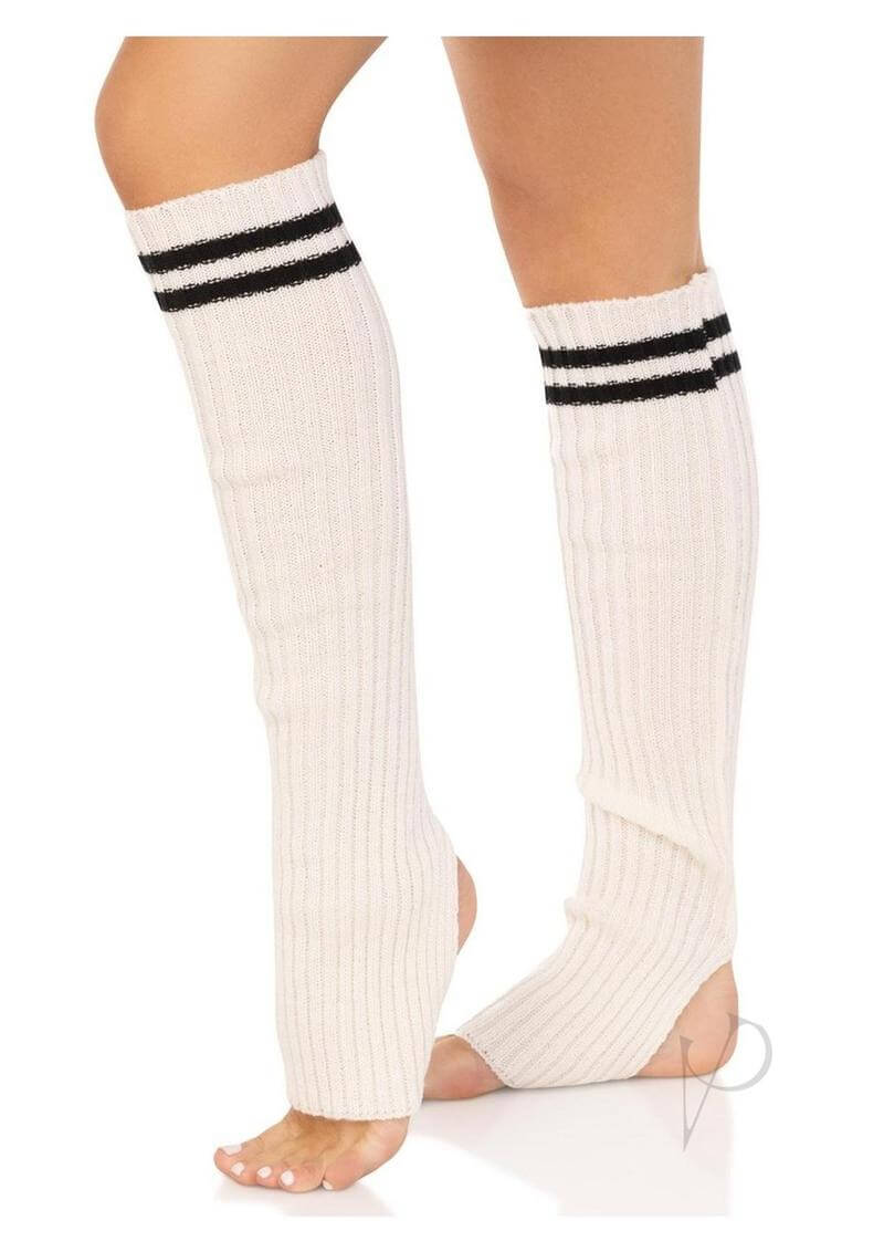Leg Avenue Ribbed Stirrup Leg Warmers OS White displayed on legs with stirrup design, showcasing ribbed texture and sporty stripes.