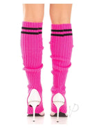 Leg Avenue Ribbed Stirrup Leg Warmers OS Pink, vibrant pink ribbed leg warmers with sporty black stripes, worn over heels.