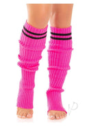 Leg Avenue Ribbed Stirrup Leg Warmers OS Pink in neon pink with ribbed texture and sporty black stripes.