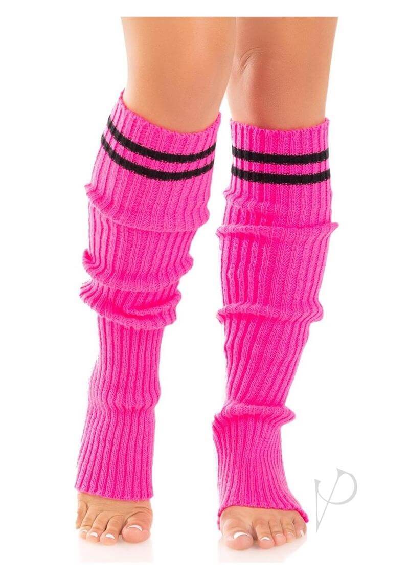 Leg Avenue Ribbed Stirrup Leg Warmers OS Pink in neon pink with ribbed texture and sporty black stripes.
