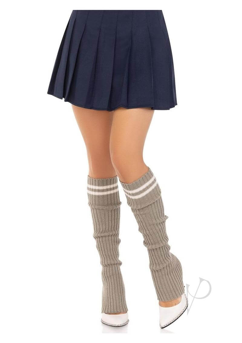 Leg Avenue Ribbed Stirrup Leg Warmers OS Grey paired with a pleated navy skirt and stylish heels.