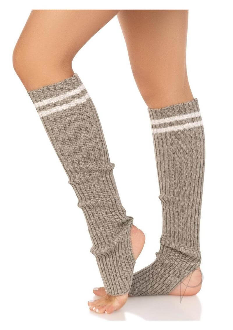 Leg Avenue Ribbed Stirrup Leg Warmers OS Grey showcasing sporty-chic design with ribbed knit and athletic stripes.