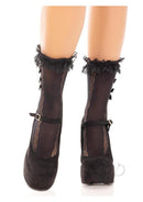 Leg Avenue Black Lace Ruffle Anklet with Mini Bow and Heart with heels and lace ruffles for a flirty look.