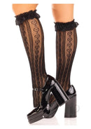 Leg Avenue Sweetheart Knee Highs with Lace Ruffle Cuff Black paired with stylish shiny black heels.