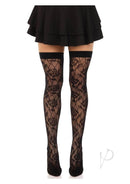 Leg Avenue Wild Rose Net Thigh Highs OS Black on model, showcasing elegant fishnet design and stylish skirt.