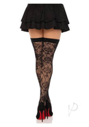 Leg Avenue Wild Rose Net Thigh Highs OS Black showcased paired with a flirty skirt and high heels.