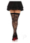 Leg Avenue Wild Rose Net Thigh Highs OS Black showcased paired with a flirty skirt and high heels.
