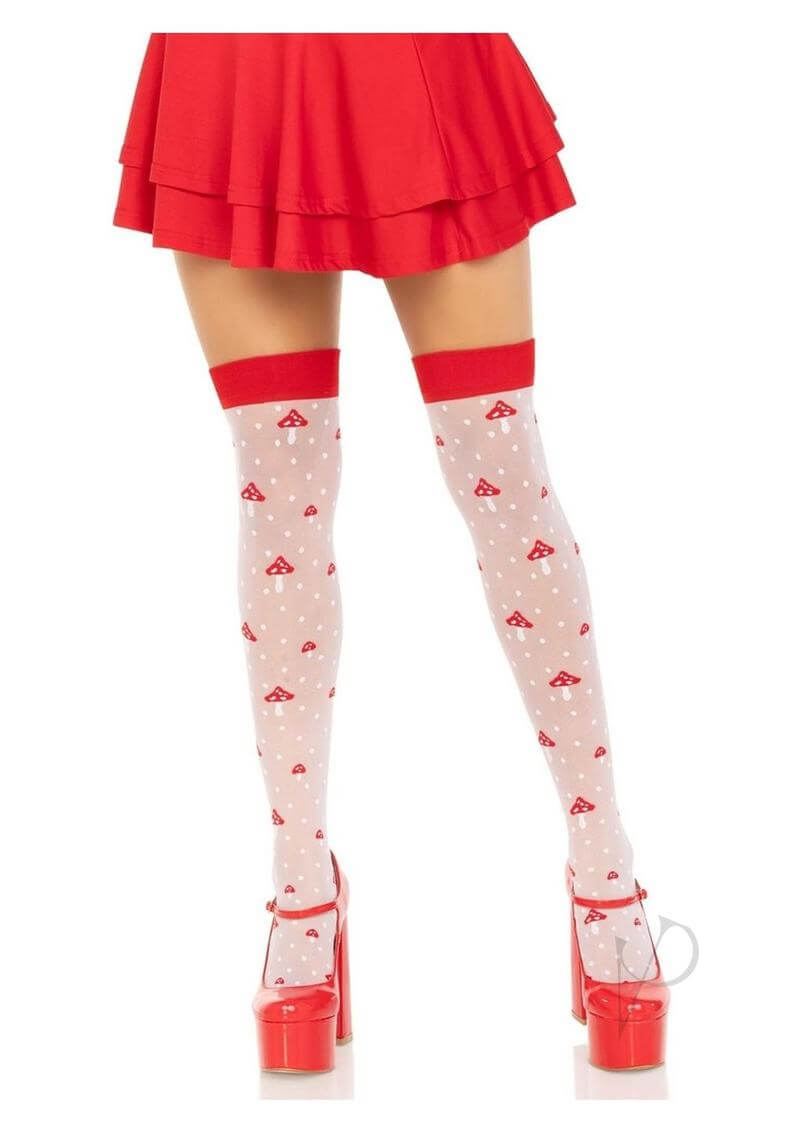 Leg Avenue Spandex Sheer Polka Dot Mushroom Thigh Highs OS worn with a red skirt and red heels, showcasing playful mushroom and polka dot design.