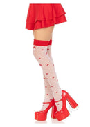 Leg Avenue Spandex Sheer Polka Dot Mushroom Thigh Highs OS model displaying playful stockings with red accents.