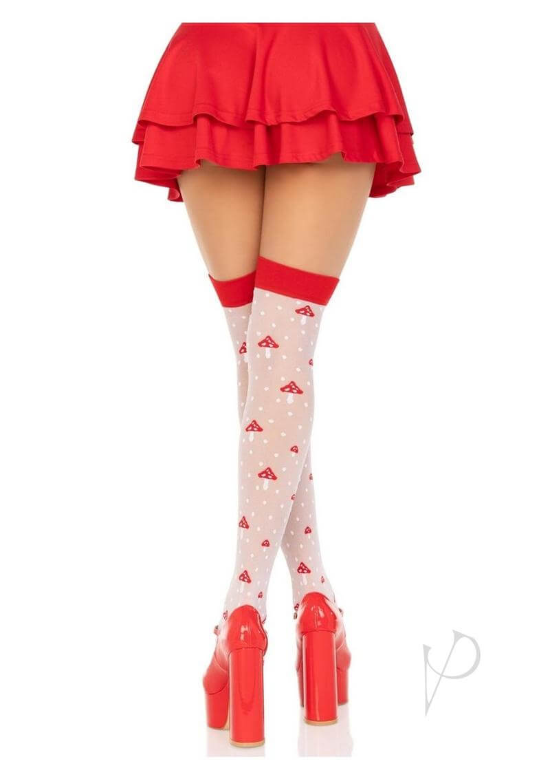 Leg Avenue Spandex Sheer Polka Dot Mushroom Thigh Highs OS worn with a red skirt and high heels, showcasing their playful design.