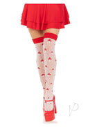 Leg Avenue Spandex Sheer Polka Dot Mushroom Thigh Highs OS displayed on model wearing a red skirt and heels.