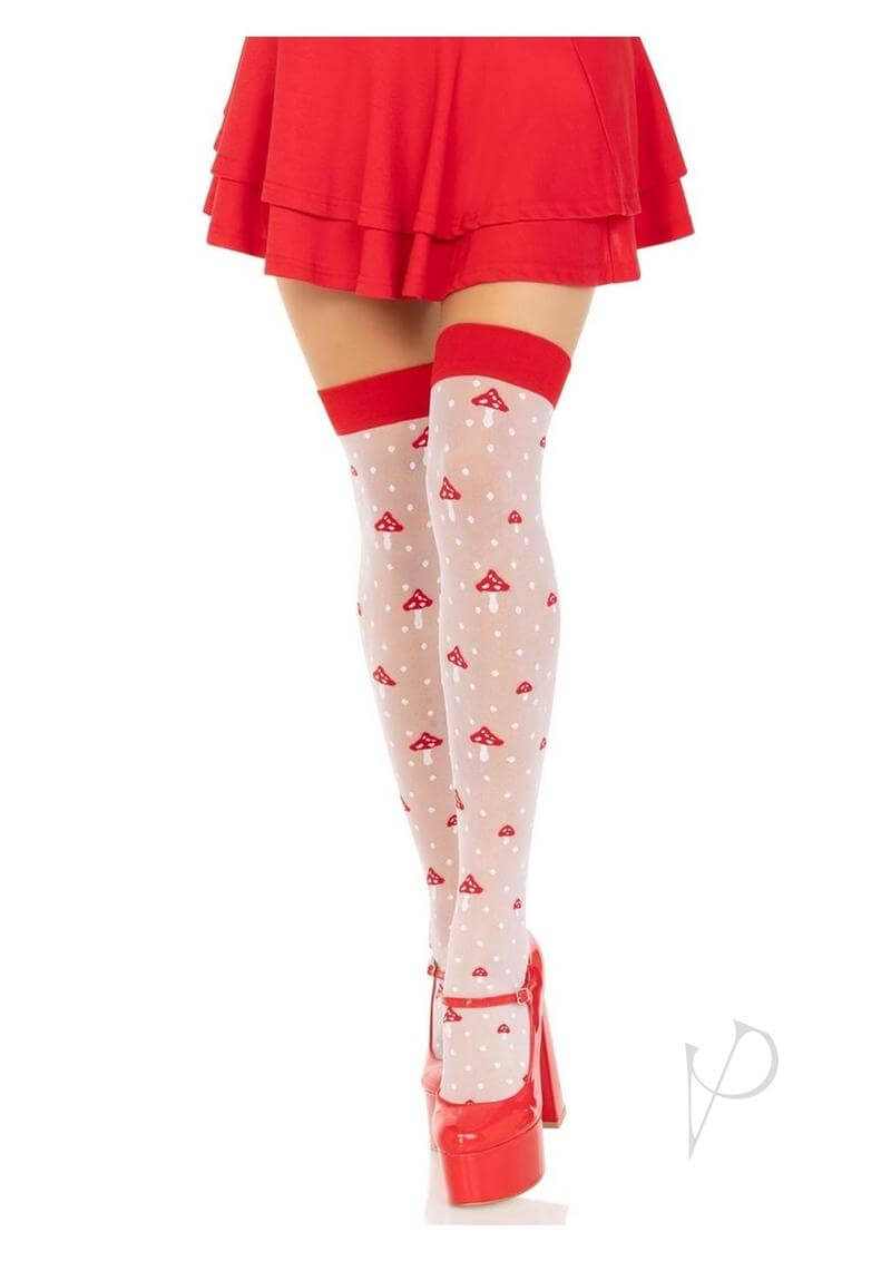 Leg Avenue Spandex Sheer Polka Dot Mushroom Thigh Highs OS displayed on model wearing a red skirt and heels.