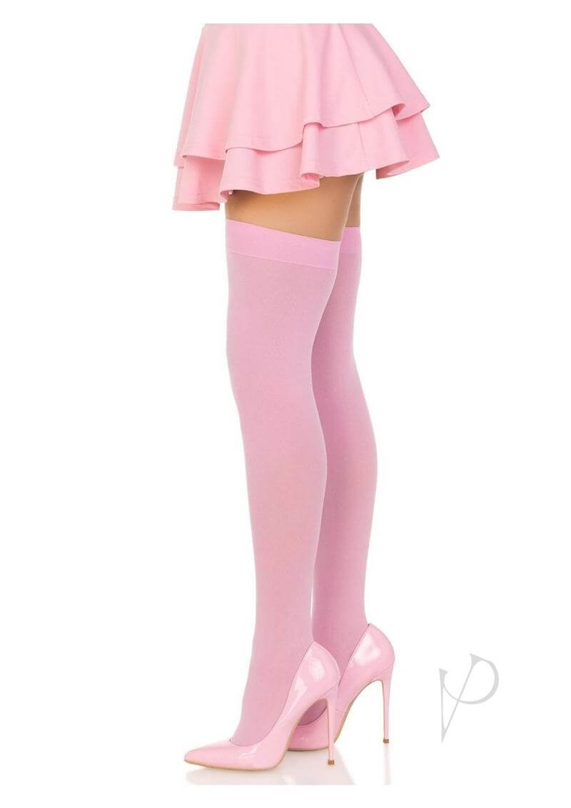 Leg Avenue Nylon Over the Knee OS Pink stockings styled with a pink skirt and high heels.