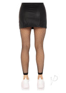 Leg Avenue Industrial Net Footless Tights in black worn with a black leather skirt, showcasing a seductive look.