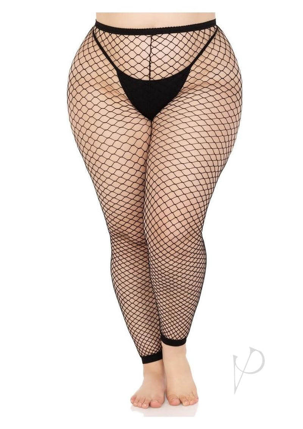 Leg Avenue footless black fishnet tights for plus size, featuring breathable wide net and comfort-stretch waistband.