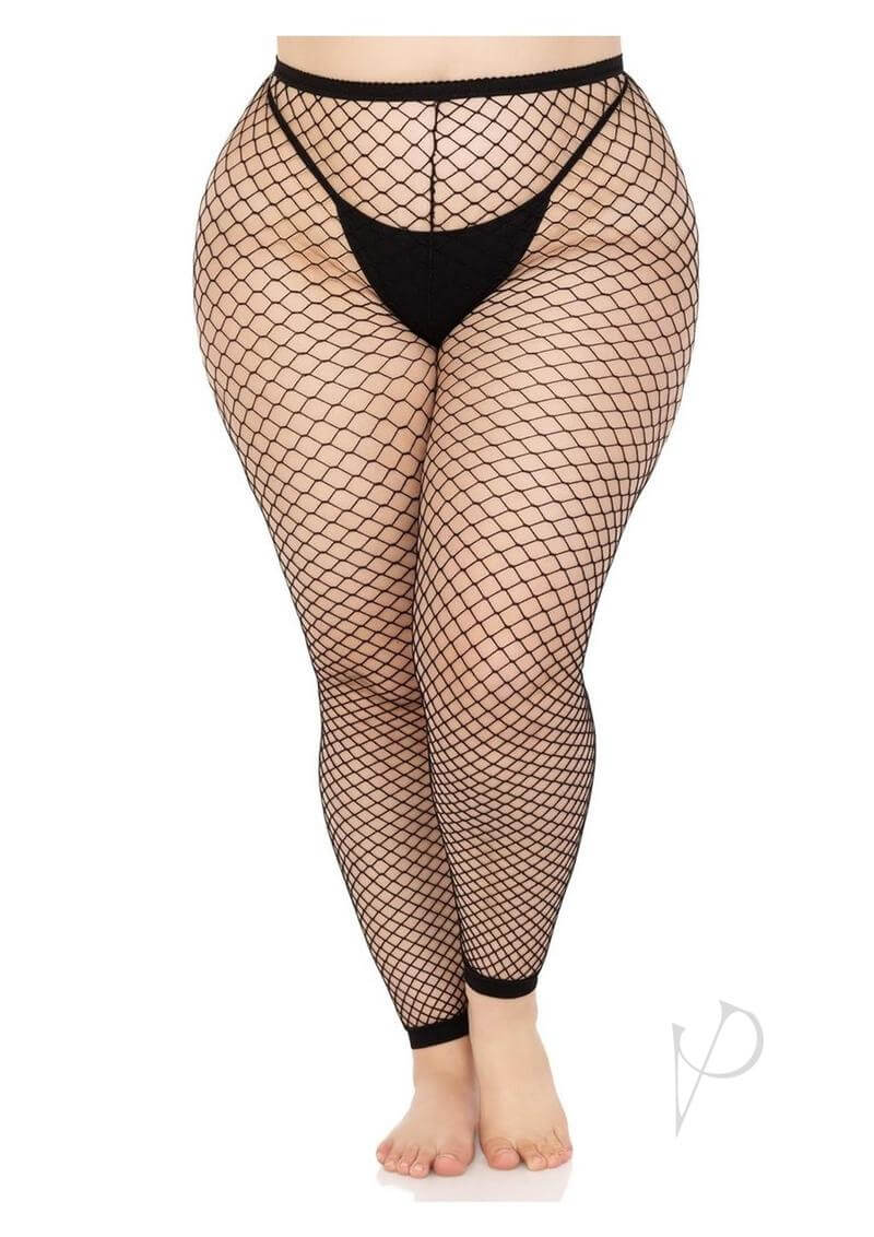 Leg Avenue footless black fishnet tights for plus size, featuring breathable wide net and comfort-stretch waistband.