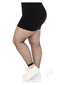 Plus size model wearing Leg Avenue Industrial Net Footless Tights in black paired with a black dress and white sneakers.