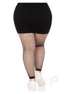 Plus size model wearing Leg Avenue Industrial Net Footless Tights, showcasing a breathable black fishnet design.