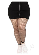 Plus size model wearing Leg Avenue Industrial Net Footless Tights with a black skirt and white sneakers, showcasing fishnet design.