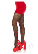 Leg Avenue Spandex Sheer Polka Dot Cherry Tights OS Black worn with a red dress and red heels, showcasing a playful retro style.