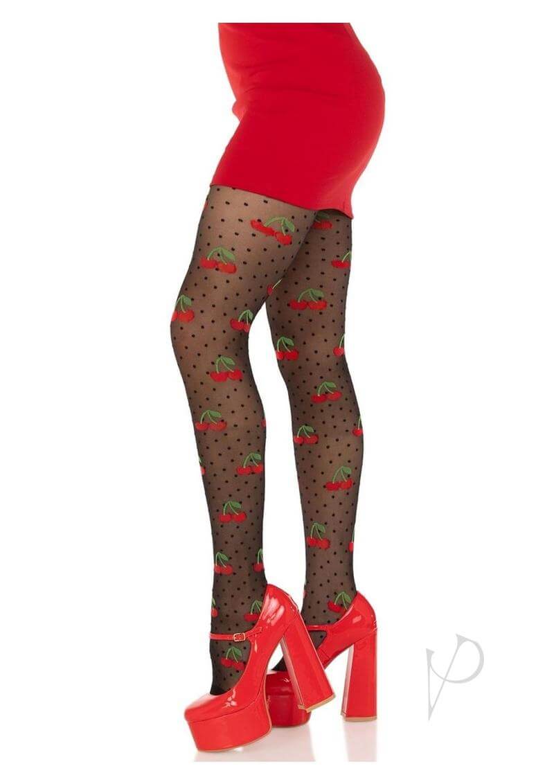 Leg Avenue Spandex Sheer Polka Dot Cherry Tights OS Black worn with a red dress and red heels, showcasing a playful retro style.