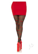 Leg Avenue Spandex Sheer Polka Dot Cherry Tights OS Black worn with a red skirt and high heels, showcasing playful cherry pattern.
