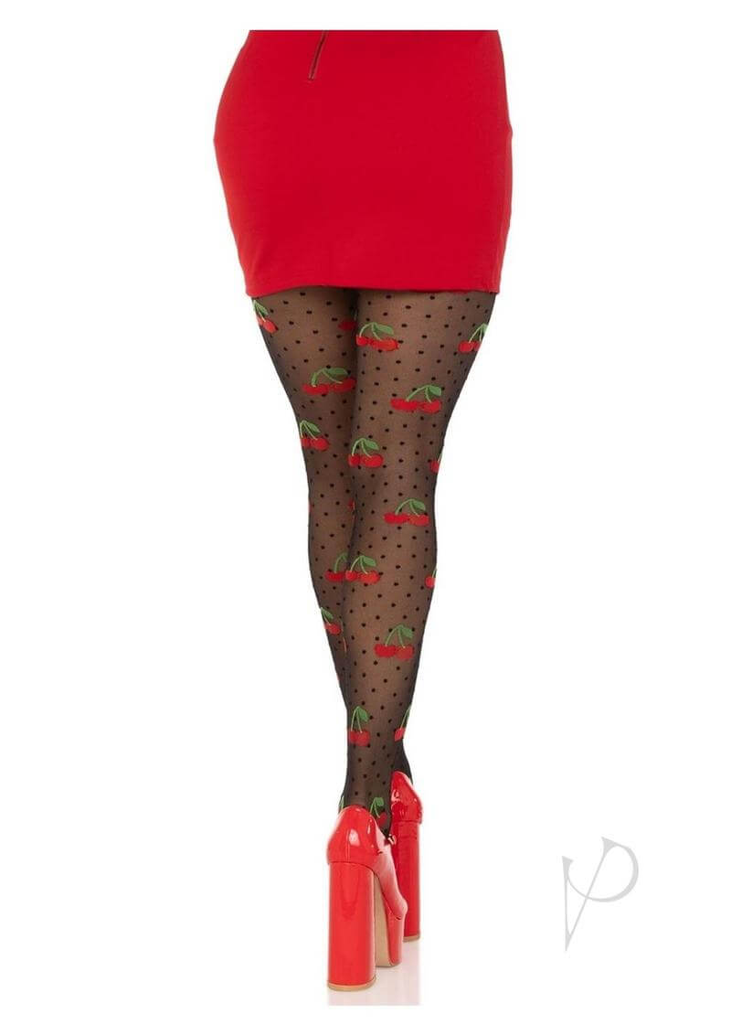 Leg Avenue Spandex Sheer Polka Dot Cherry Tights OS Black worn with a red skirt and high heels, showcasing playful cherry pattern.