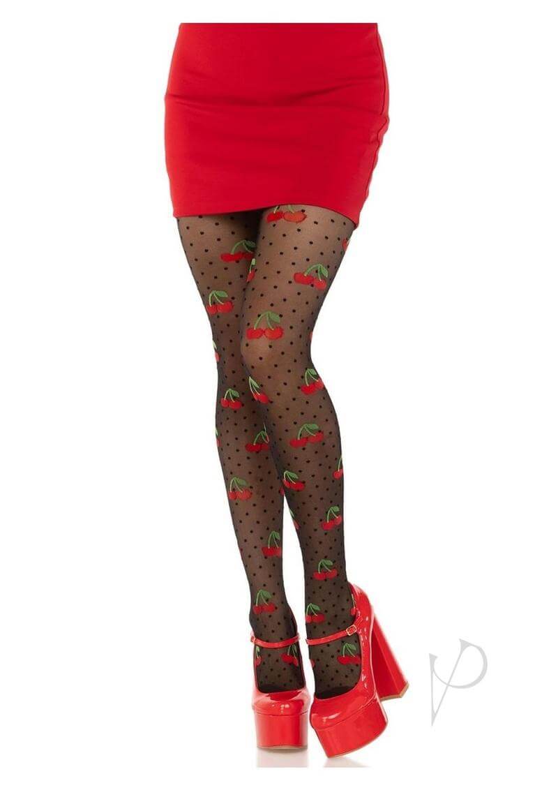Leg Avenue Spandex Sheer Polka Dot Cherry Tights OS Black worn by model with red skirt and heels.