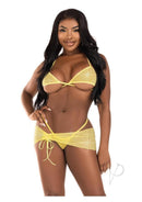 Leg Avenue Rhinestone Mesh 3 Piece Lingerie Set Baby Yellow on a model showcasing the wrap-around bra, G-string, and sarong.