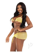Leg Avenue Rhinestone Mesh 3 Piece Lingerie Set Baby Yellow showcasing a model in a sparkling yellow lingerie set.