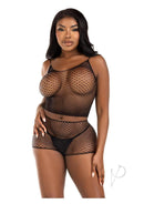 Leg Avenue Twist Net Tank Top and Boy Shorts Set Black displayed on a model, highlighting its fitted twisted design.