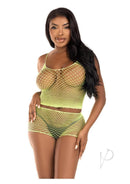 Leg Avenue Twist Net Tank Top and Boy Shorts Set Lime modeled by a model in lime net fabric.