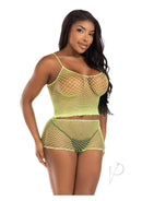 Leg Avenue Twist Net Tank Top and Boy Shorts Set Lime worn by model, showcasing bold lime color and stylish net design.