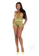 Leg Avenue Twist Net Tank Top and Boy Shorts Set Lime in vibrant netted lime outfit, showcasing playful style.