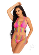Leg Avenue Twist Net Tank Top and Boy Shorts Ombre Rainbow two-piece set in vibrant rainbow colors.