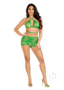 Leg Avenue Mary Jane Wrap Around Bra and Boy Shorts Green worn by a model, featuring a playful, retro-inspired look.