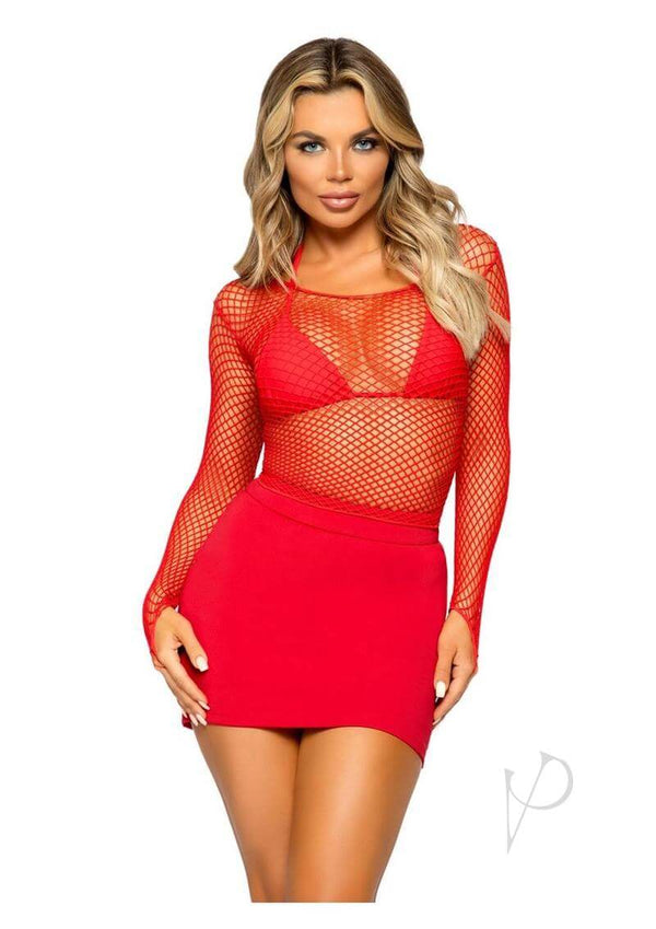 Leg Avenue Red Lycra Industrial Fishnet Long Sleeve T-Shirt modeled by a woman, showcasing a bold and seductive style.