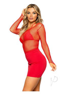 Leg Avenue Lycra Industrial Fishnet Long Sleeve T Shirt in red paired with a red mini skirt for a bold, sexy look.
