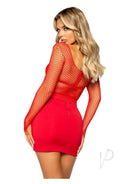 Model wearing a red Leg Avenue Lycra industrial fishnet long sleeve t-shirt with a sexy fit, showcasing a seductive look.