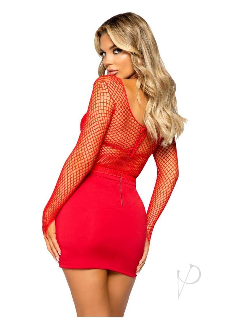 Model wearing a red Leg Avenue Lycra industrial fishnet long sleeve t-shirt with a sexy fit, showcasing a seductive look.