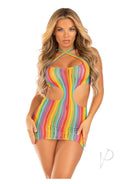 Leg Avenue Rainbow Stripe Cross-Over Halter Mini Dress featuring vibrant colors and a flattering silhouette.