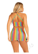 Leg Avenue Rainbow Stripe Cross-Over Halter Mini Dress showcasing vibrant rainbow colors and a flattering silhouette.