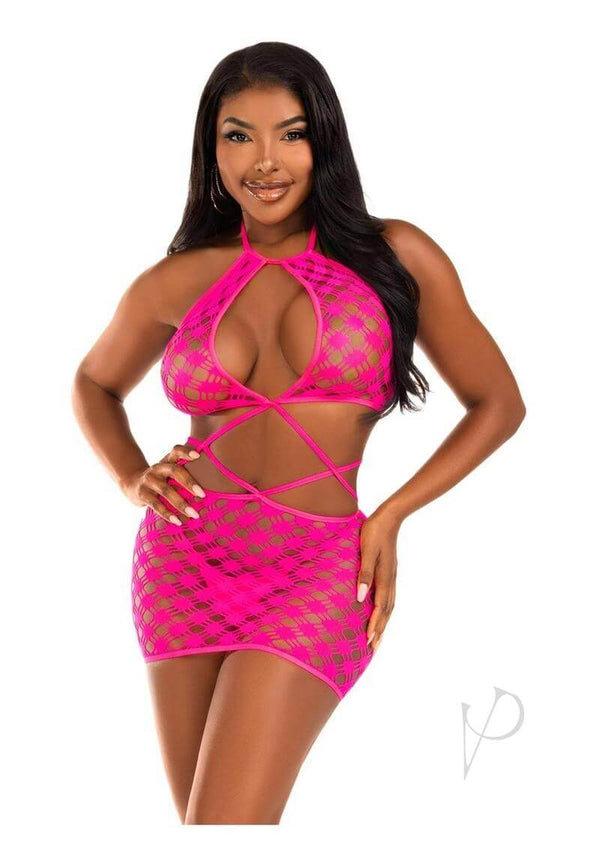 Model wearing Leg Avenue Keyhole Halter Hardcore Net Mini Dress in neon pink, showcasing its elegant and sensual design.