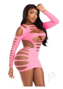 Leg Avenue Opaque Shredded Cut-Out Mini Dress Neon Pink showcases edgy cut-out design and bold neon color for standout style.