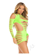 Leg Avenue Opaque Shredded Cut-Out Mini Dress Neon Green showcased on a model with edgy cut-outs and vibrant color.